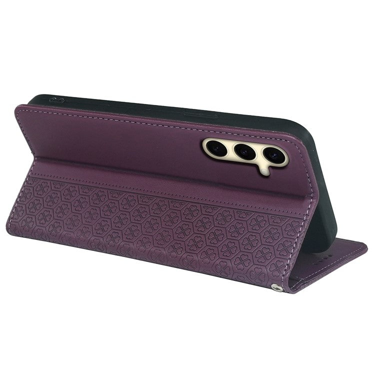 For Samsung Galaxy F55 5G / C55 5G / M55 5G Wallet Case Four-Leaf Clover Pattern Leather Phone Cover - Dark Purple