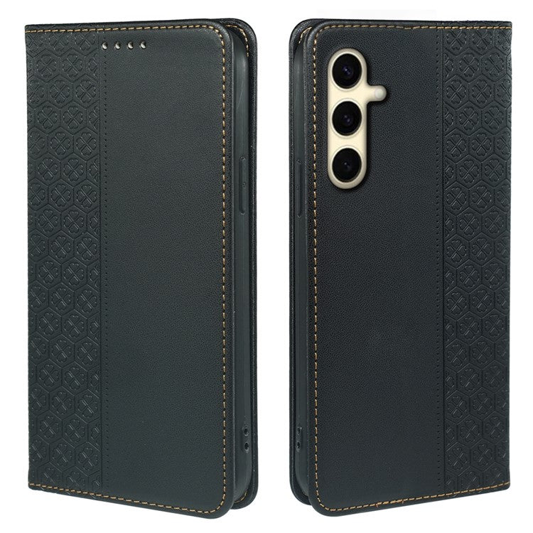 For Samsung Galaxy A15 4G / 5G Case Wallet Leather Phone Cover Four-Leaf Clover Pattern - Black
