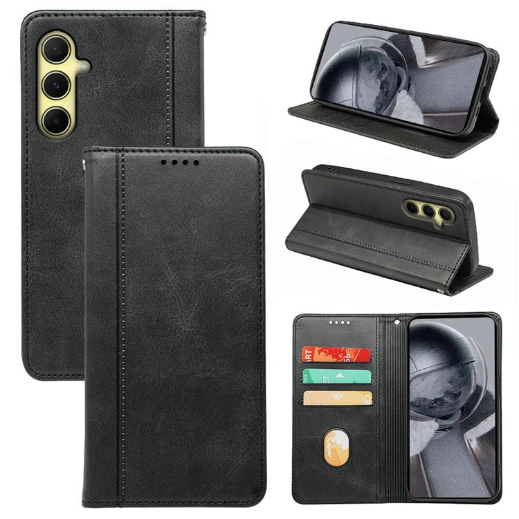 For Samsung Galaxy M35 5G Case Calf Texture Leather Magnetic Closure Flip Phone Cover - Black