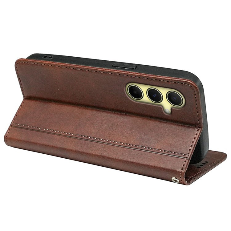 For Samsung Galaxy F55 5G / C55 5G / M55 5G Case Folio Design Calf Texture Leather Phone Cover - Brown