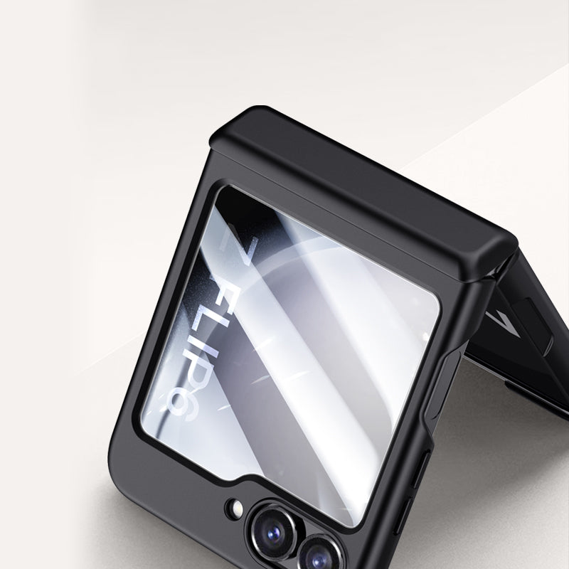 For Samsung Galaxy Z Flip6 5G Case Hinge Protection PC Phone Cover with Tempered Glass Rear Screen Film - Black