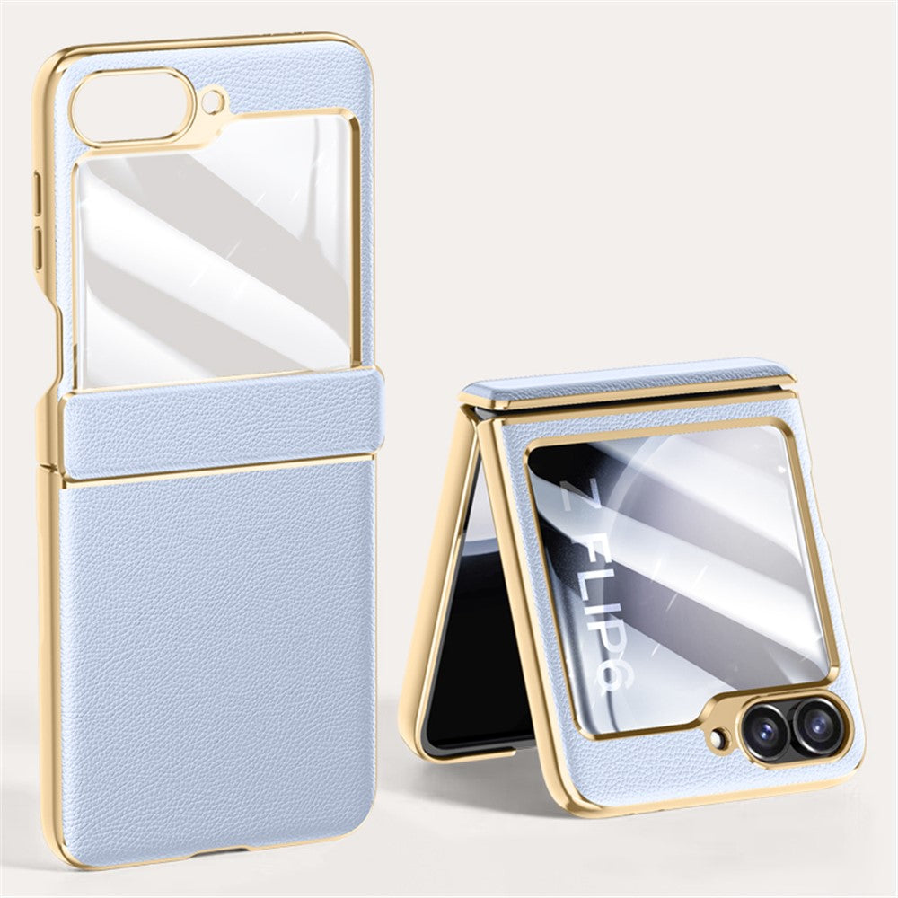 For Samsung Galaxy Z Flip7 FE 5G / Z Flip6 5G Case Hinge Protection Leather Back Cover with Rear Screen Film - Purple