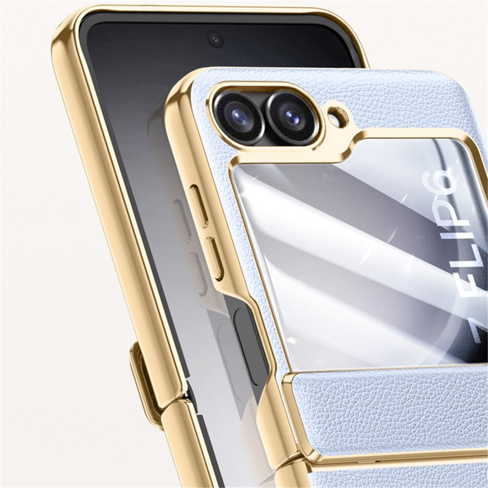 For Samsung Galaxy Z Flip7 FE 5G / Z Flip6 5G Case Hinge Protection Leather Back Cover with Rear Screen Film - Purple