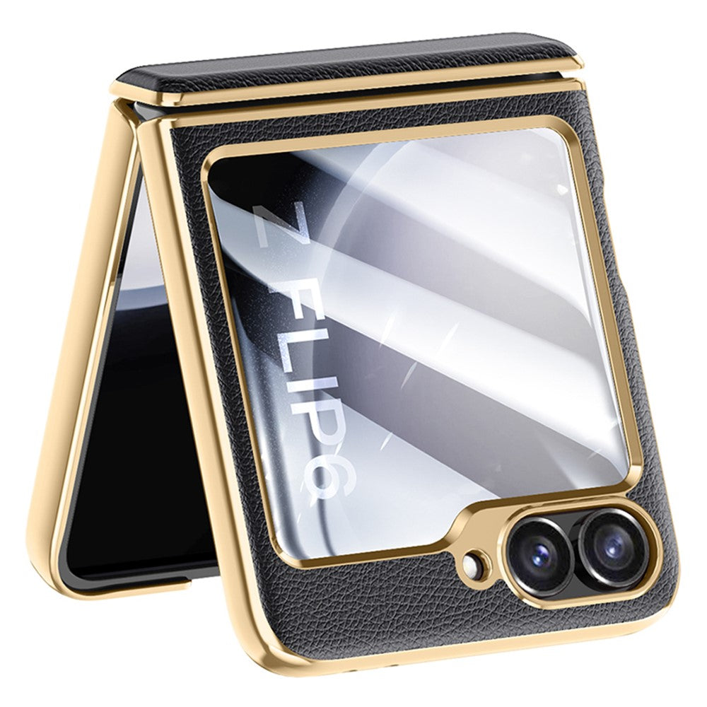 For Samsung Galaxy Z Flip7 FE 5G / Z Flip6 5G Case Hinge Protection Leather Back Cover with Rear Screen Film - Black