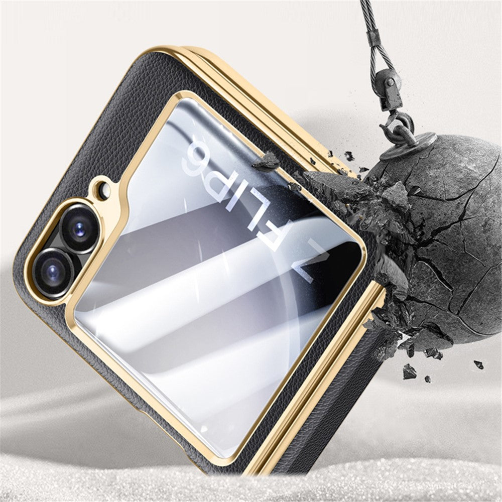 For Samsung Galaxy Z Flip7 FE 5G / Z Flip6 5G Case Hinge Protection Leather Back Cover with Rear Screen Film - Black