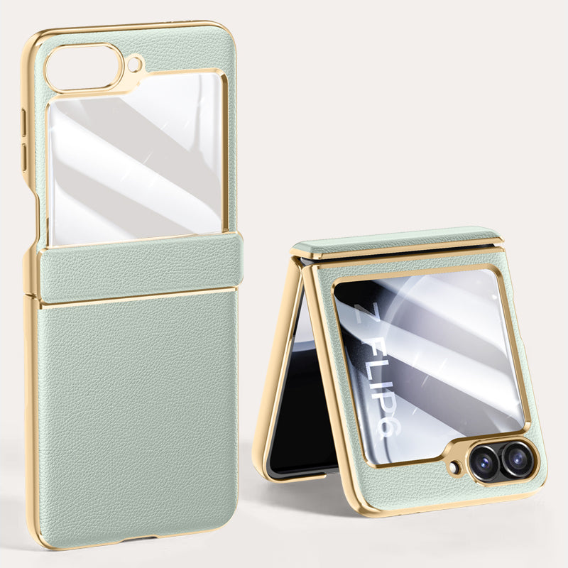 For Samsung Galaxy Z Flip6 5G Case Hinge Protection Leather Back Cover with Rear Screen Film - Mint Green