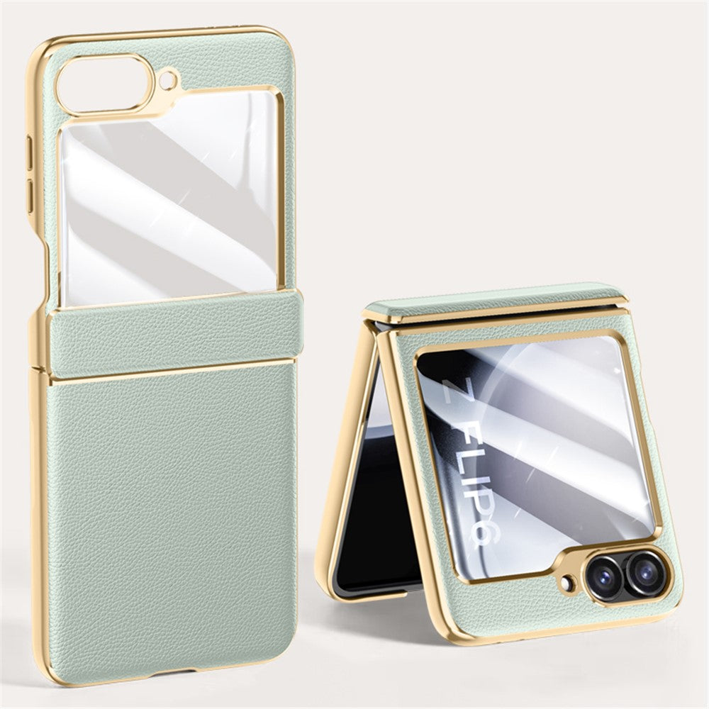 For Samsung Galaxy Z Flip7 FE 5G / Z Flip6 5G Case Hinge Protection Leather Back Cover with Rear Screen Film -  Mint Green