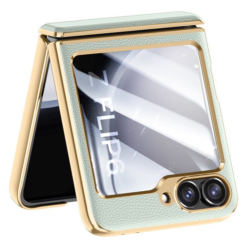 For Samsung Galaxy Z Flip6 5G Case Hinge Protection Leather Back Cover with Rear Screen Film - Mint Green