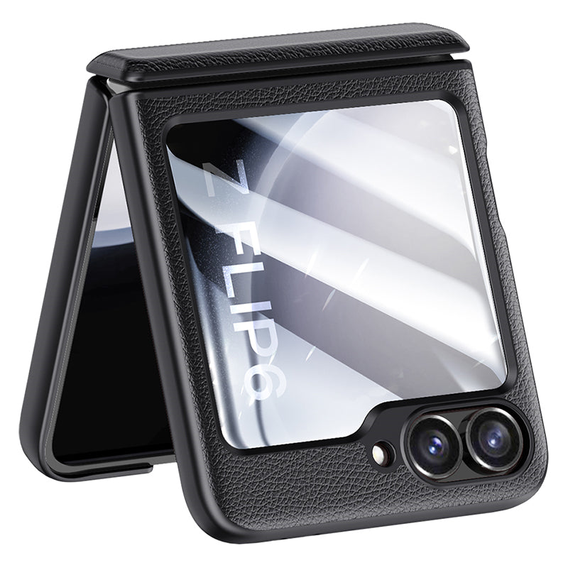 For Samsung Galaxy Z Flip6 5G Case Leather+PC Hinge Design Phone Cover with Rear Screen Film - Black