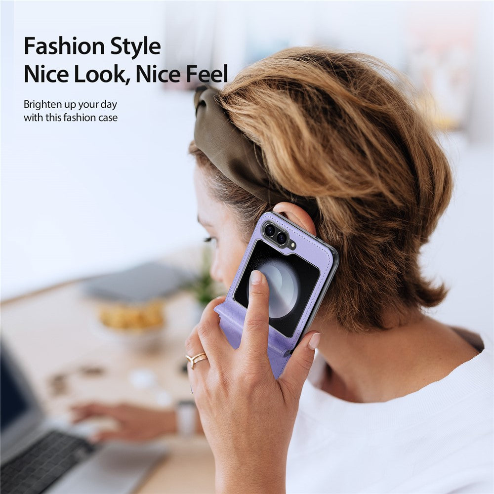 For Samsung Galaxy Z Flip7 FE 5G / Z Flip6 5G Magnetic Case DUX DUCIS Bril Series Leather+PC Phone Cover with Stand - Purple