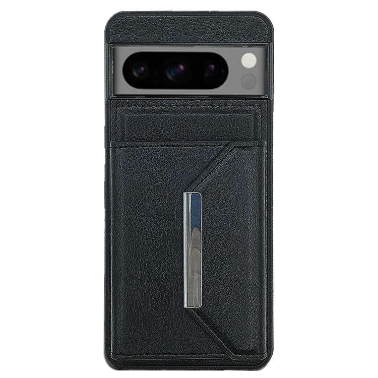 For Google Pixel 9 Pro XL Case Leather Phone Back Cover Detachable Card Holder Kickstand - Black
