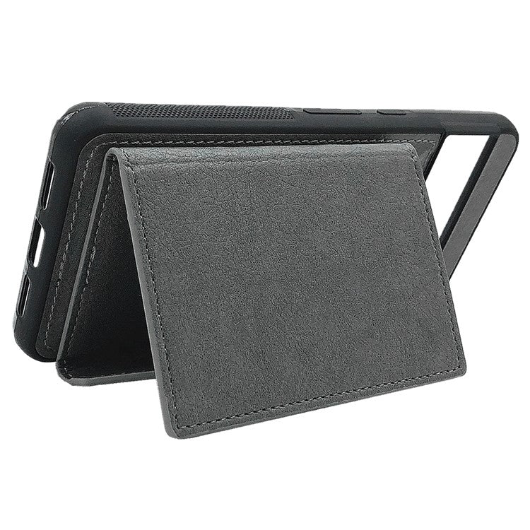 For Google Pixel 9 Pro XL Case Leather Phone Back Cover Detachable Card Holder Kickstand - Grey