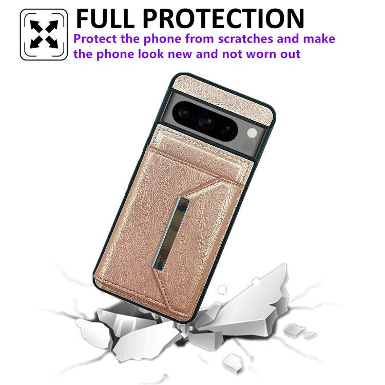 For Google Pixel 9 Pro XL Case Leather Phone Back Cover Detachable Card Holder Kickstand - Rose Gold