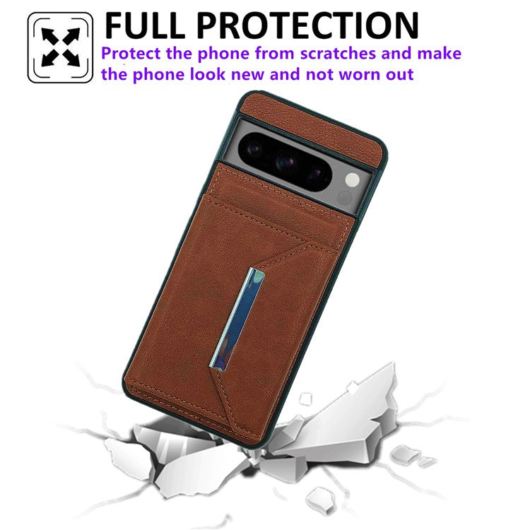 For Google Pixel 9 Pro XL Case Leather Phone Back Cover Detachable Card Holder Kickstand - Brown
