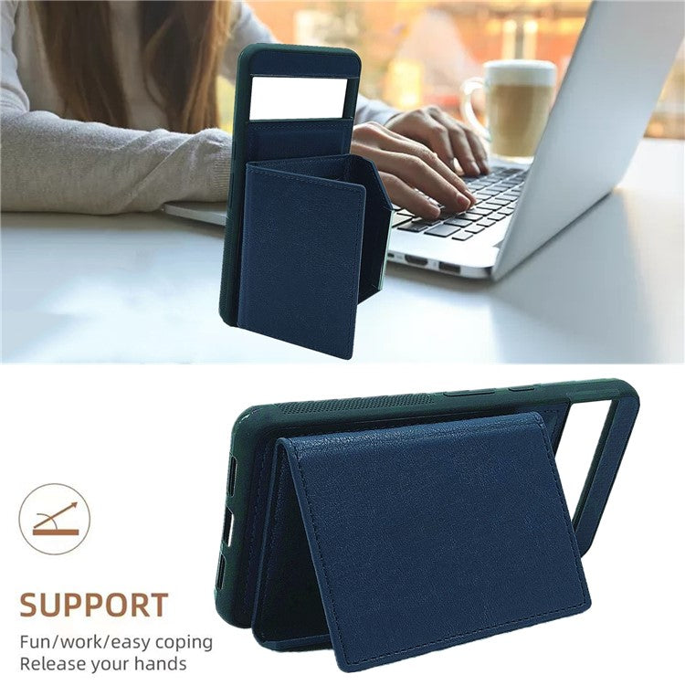 For Google Pixel 9 / 9 Pro Case Leather Back Cover Detachable Card Holder Kickstand - Sapphire