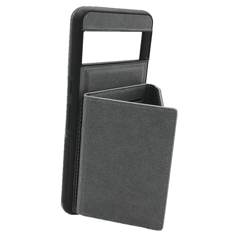 For Google Pixel 9 / 9 Pro Case Leather Back Cover Detachable Card Holder Kickstand - Grey