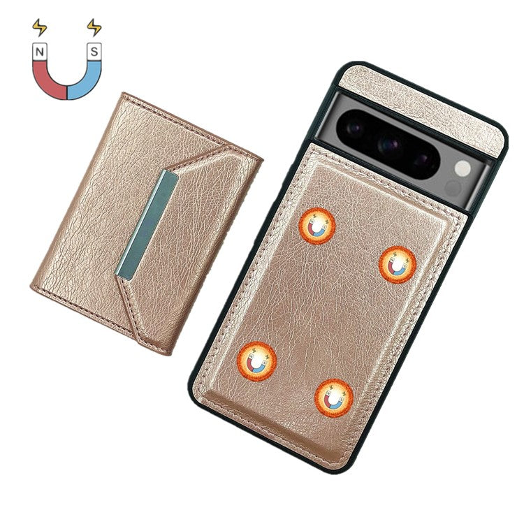 For Google Pixel 9 / 9 Pro Case Leather Back Cover Detachable Card Holder Kickstand - Rose Gold