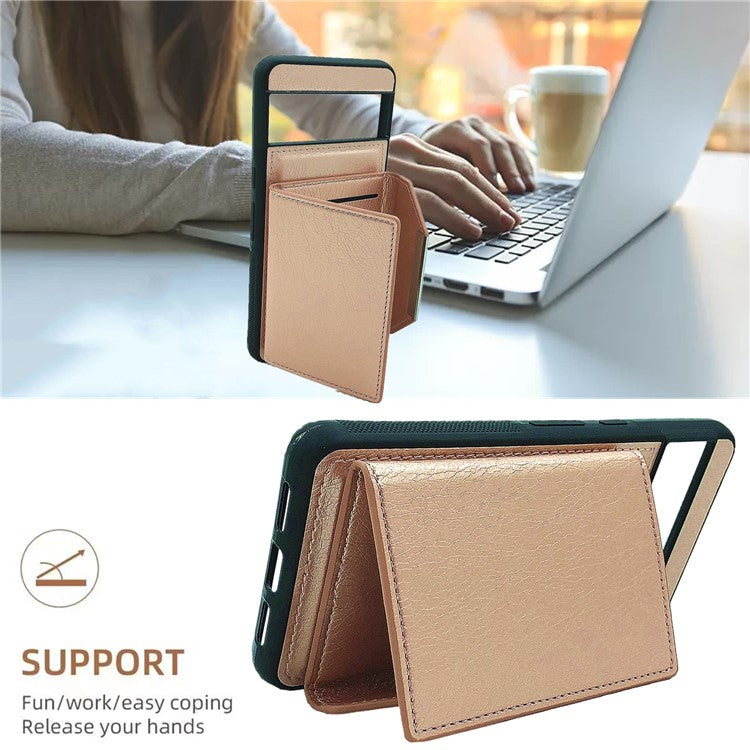 For Google Pixel 9 / 9 Pro Case Leather Back Cover Detachable Card Holder Kickstand - Rose Gold