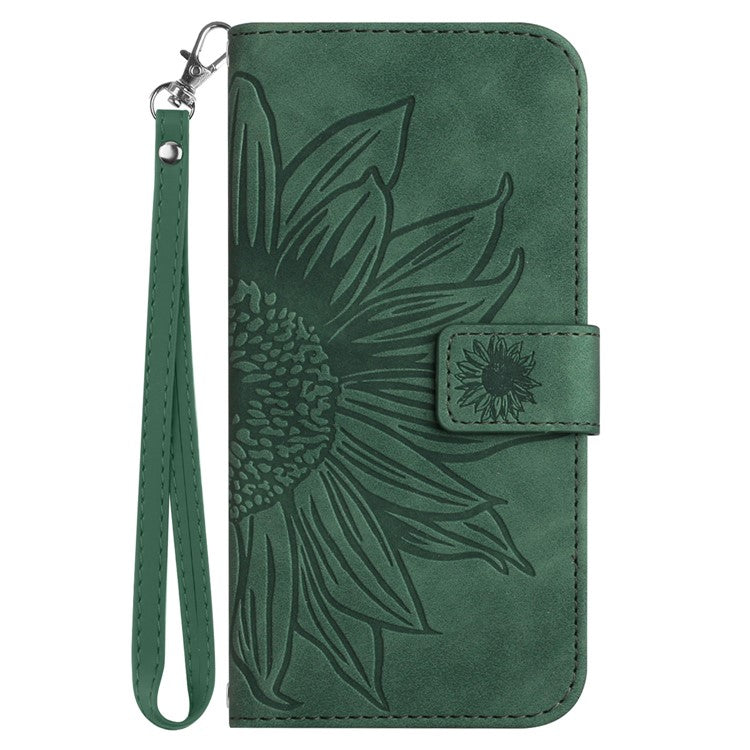 HT04 For Samsung Galaxy S24 FE Case Sunflower Phone Leather Cover with Hand Strap - Dark Green
