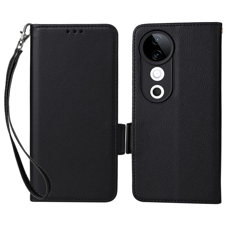 For vivo S19 5G Case with Strap Leather Phone Cover Litchi Texture Horizontal Flip - Black