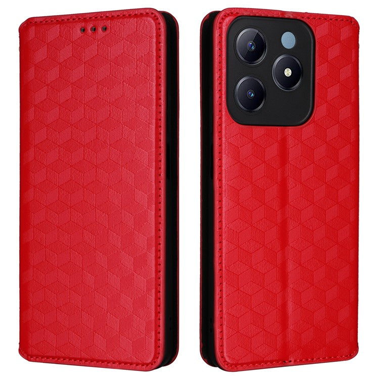 For Realme C63 4G / Narzo N63 4G / C61 4G Stand Case PU Leather Phone Cover Rhombus Pattern - Red