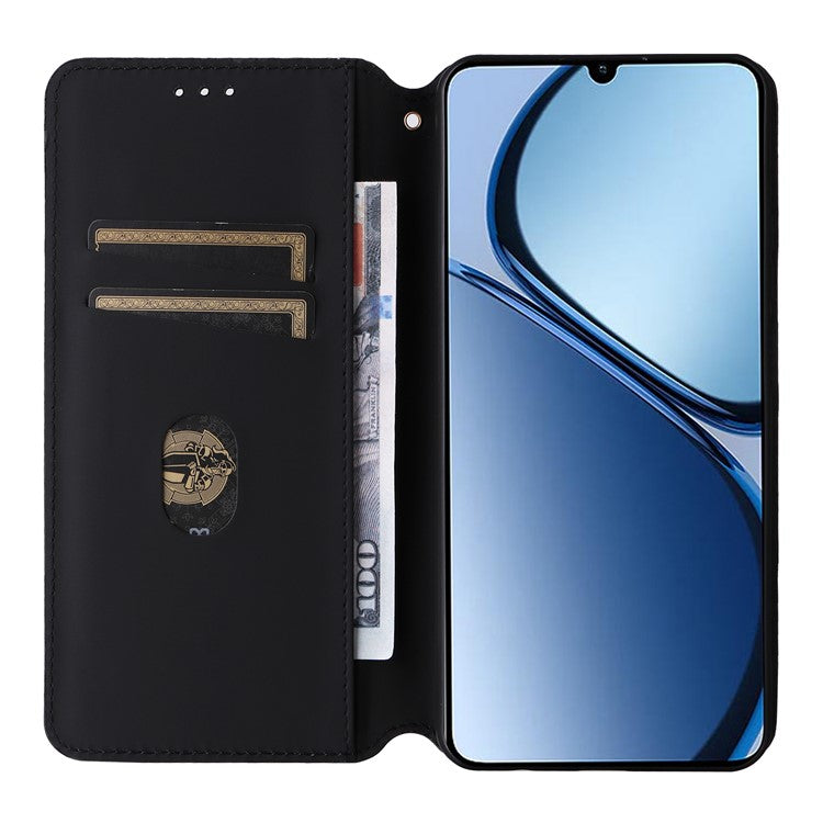 For Realme C63 4G / Narzo N63 4G / C61 4G Stand Case PU Leather Phone Cover Rhombus Pattern - Black