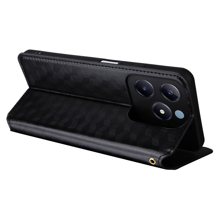 For Realme C63 4G / Narzo N63 4G / C61 4G Stand Case PU Leather Phone Cover Rhombus Pattern - Black