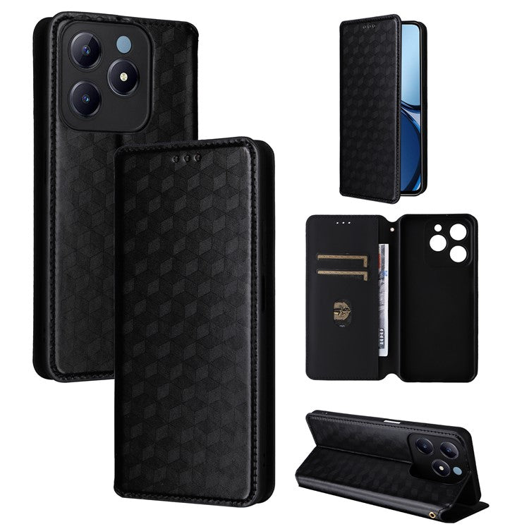 For Realme C63 4G / Narzo N63 4G / C61 4G Stand Case PU Leather Phone Cover Rhombus Pattern - Black