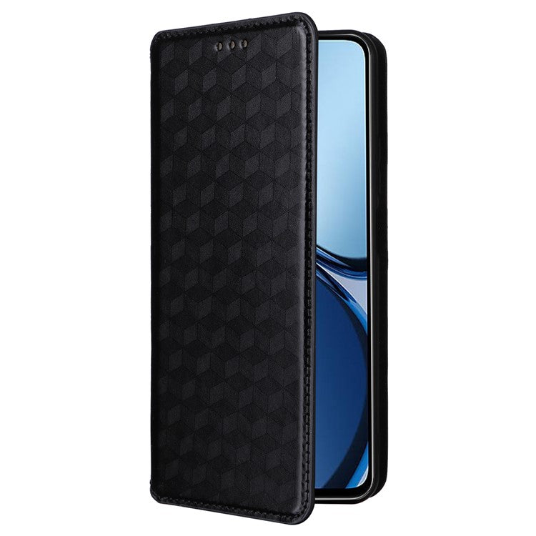 For Realme C63 4G / Narzo N63 4G / C61 4G Stand Case PU Leather Phone Cover Rhombus Pattern - Black