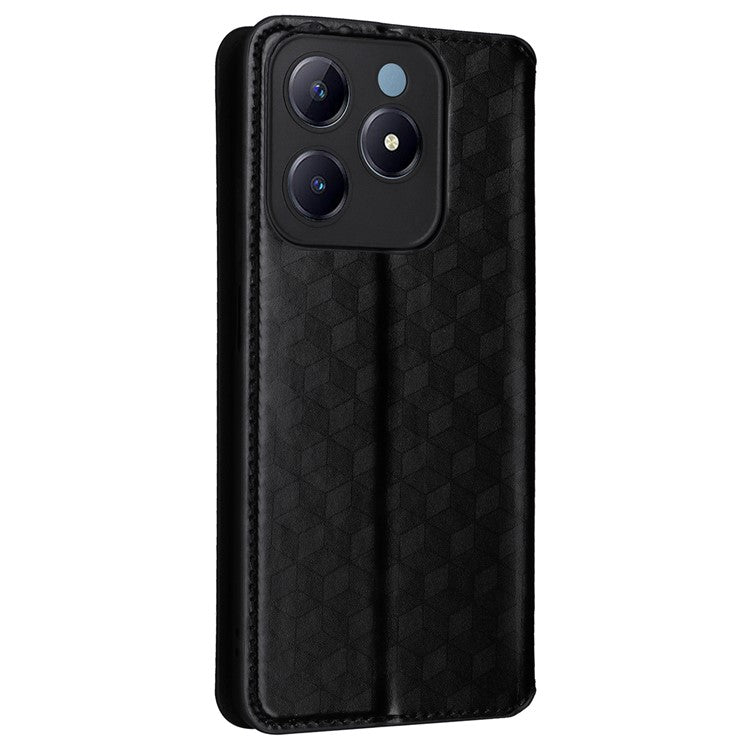For Realme C63 4G / Narzo N63 4G / C61 4G Stand Case PU Leather Phone Cover Rhombus Pattern - Black