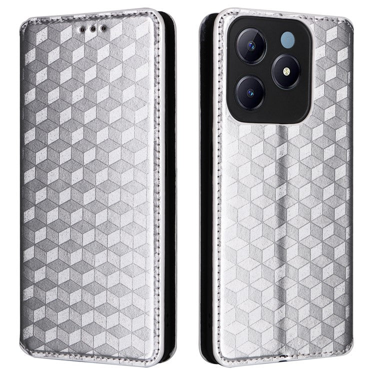 For Realme C63 4G / Narzo N63 4G / C61 4G Stand Case PU Leather Phone Cover Rhombus Pattern - Silver
