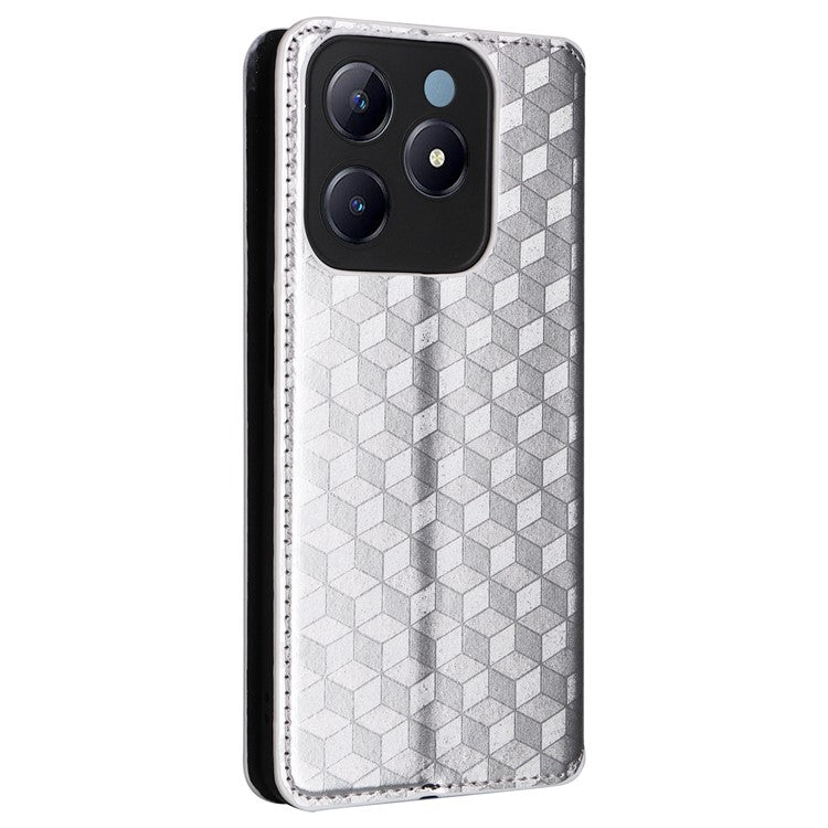 For Realme C63 4G / Narzo N63 4G / C61 4G Stand Case PU Leather Phone Cover Rhombus Pattern - Silver