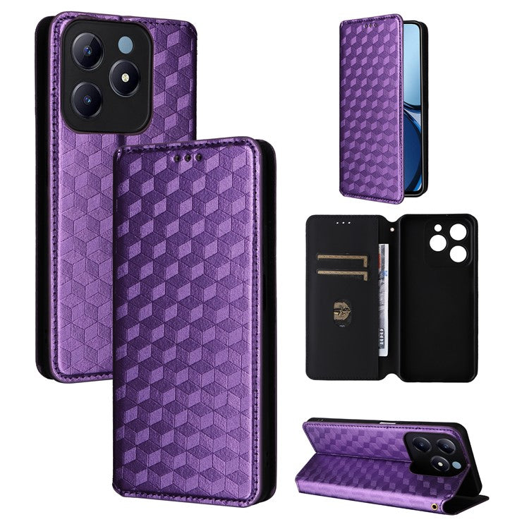 For Realme C63 4G / Narzo N63 4G / C61 4G Stand Case PU Leather Phone Cover Rhombus Pattern - Purple