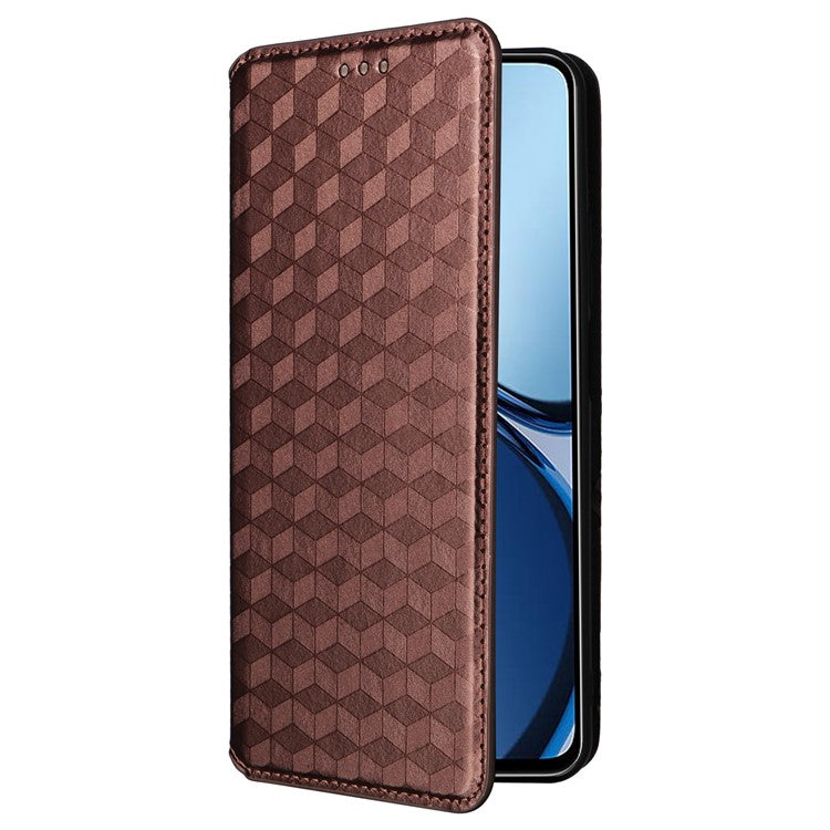 For Realme C63 4G / Narzo N63 4G / C61 4G Stand Case PU Leather Phone Cover Rhombus Pattern - Brown