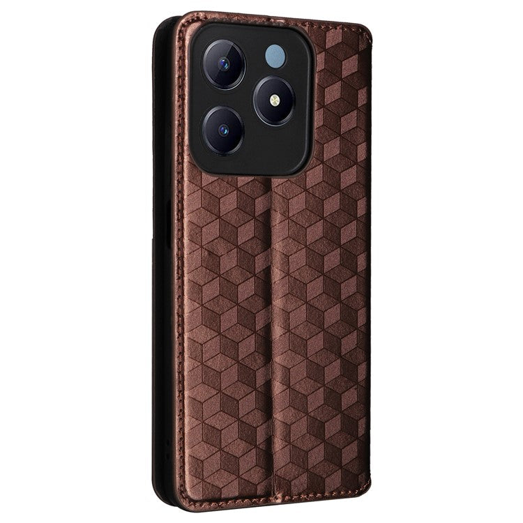 For Realme C63 4G / Narzo N63 4G / C61 4G Stand Case PU Leather Phone Cover Rhombus Pattern - Brown