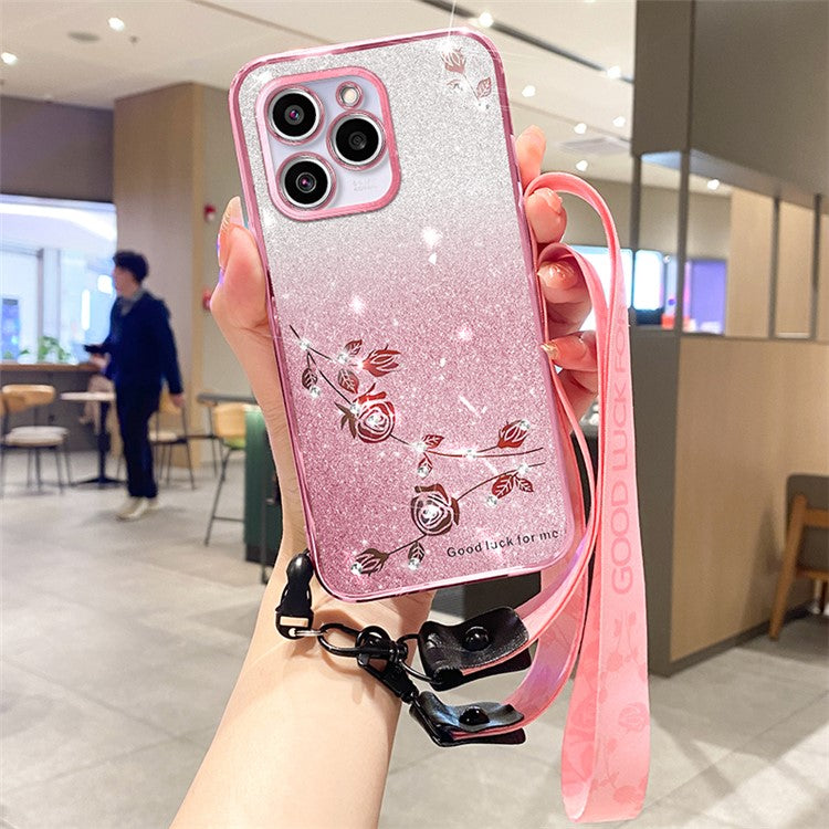 KADEM For Realme C61 4G / C63 4G Case TPU Sparkle Flowers Shockproof Phone Cover with Lanyard - Rose Gold