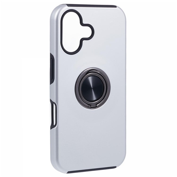 For iPhone 16 Plus Case PC+TPU Phone Cover with Rotatable Ring Holder - Silver