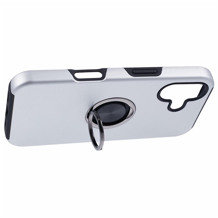 For iPhone 16 Plus Case PC+TPU Phone Cover with Rotatable Ring Holder - Silver