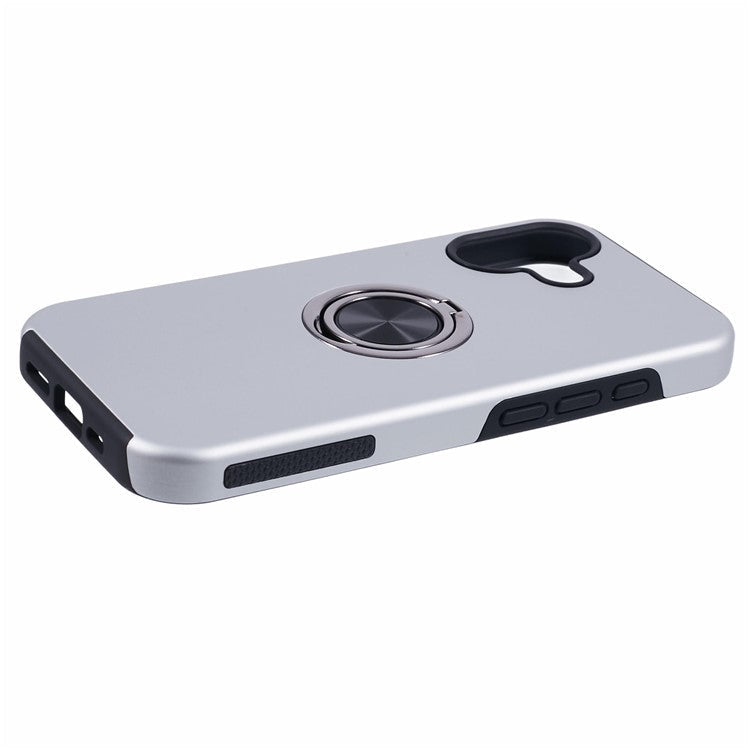 For iPhone 16 Plus Case PC+TPU Phone Cover with Rotatable Ring Holder - Silver