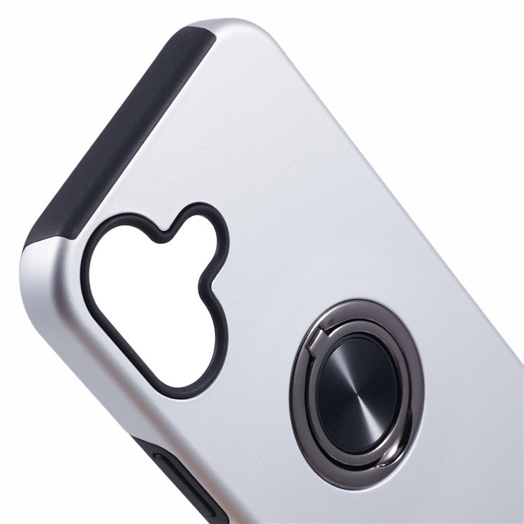 For iPhone 16 Plus Case PC+TPU Phone Cover with Rotatable Ring Holder - Silver