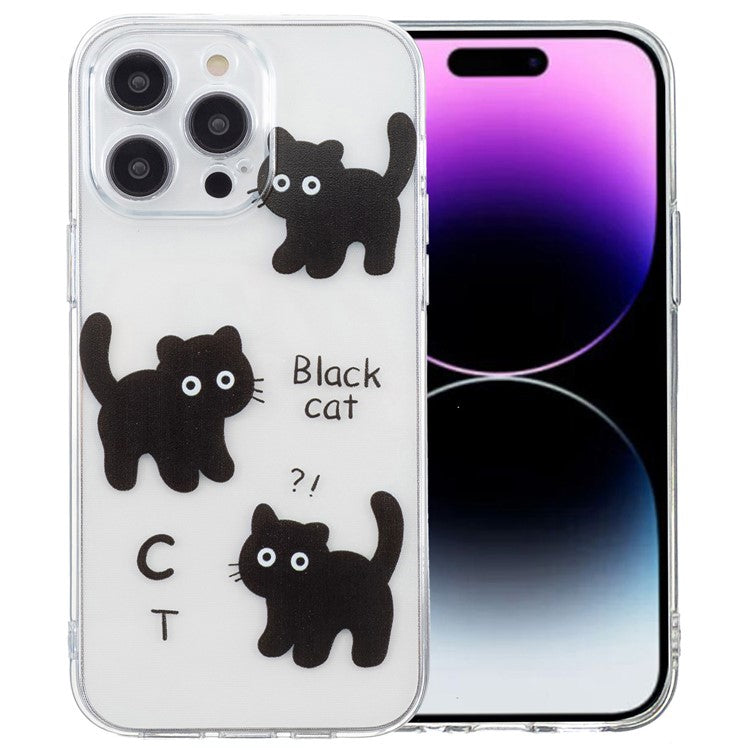 For iPhone 16 Pro Case Transparent Edge TPU Phone Cover Pattern Printing - Black Cat