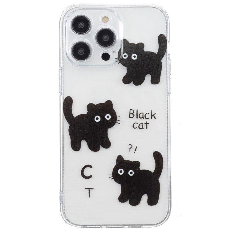For iPhone 16 Pro Case Transparent Edge TPU Phone Cover Pattern Printing - Black Cat