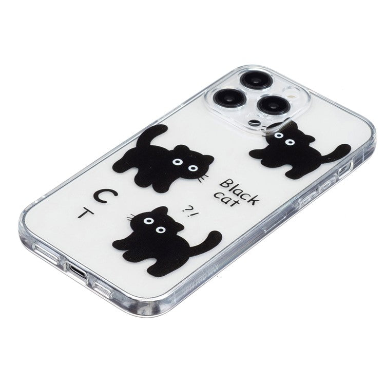 For iPhone 16 Pro Case Transparent Edge TPU Phone Cover Pattern Printing - Black Cat