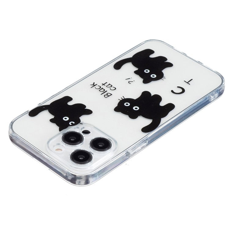 For iPhone 16 Pro Case Transparent Edge TPU Phone Cover Pattern Printing - Black Cat