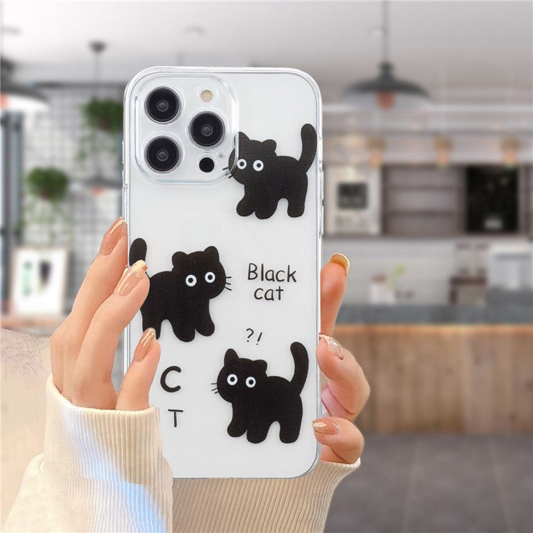 For iPhone 16 Pro Case Transparent Edge TPU Phone Cover Pattern Printing - Black Cat