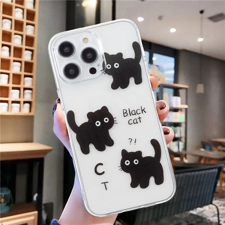 For iPhone 16 Pro Case Transparent Edge TPU Phone Cover Pattern Printing - Black Cat