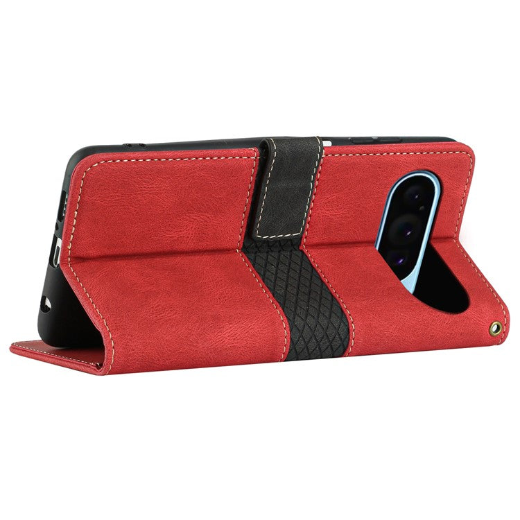 For Google Pixel 9 / 9 Pro Case Grid Splicing Wallet Card Slots PU Leather Phone Cover - Red