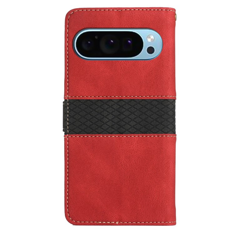 For Google Pixel 9 / 9 Pro Case Grid Splicing Wallet Card Slots PU Leather Phone Cover - Red
