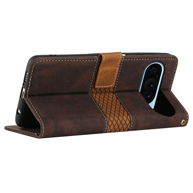 For Google Pixel 9 / 9 Pro Case Grid Splicing Wallet Card Slots PU Leather Phone Cover - Brown