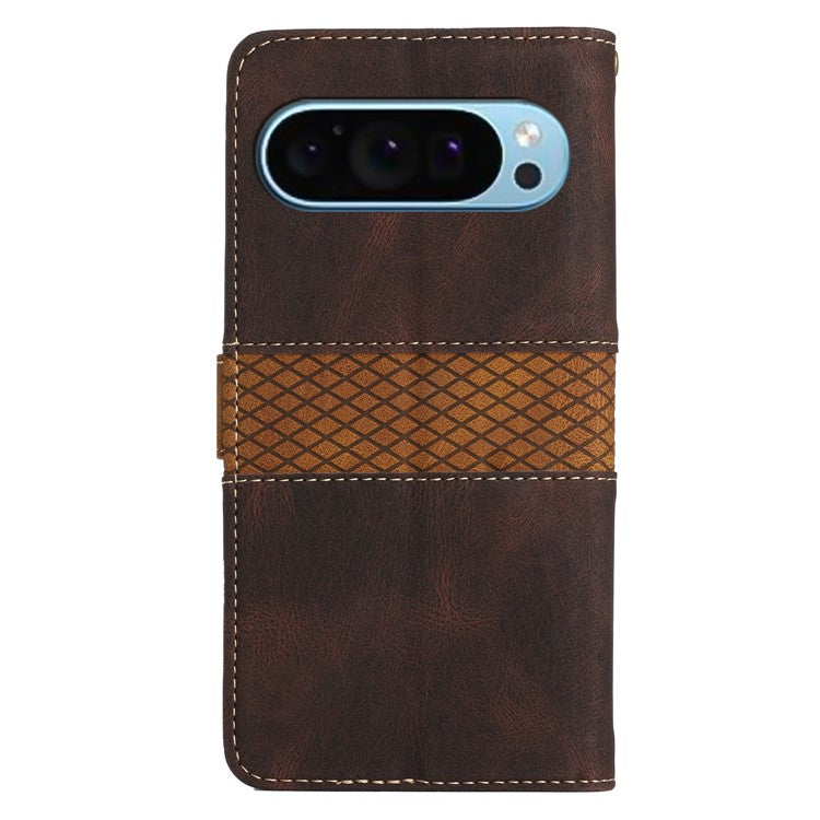 For Google Pixel 9 / 9 Pro Case Grid Splicing Wallet Card Slots PU Leather Phone Cover - Brown
